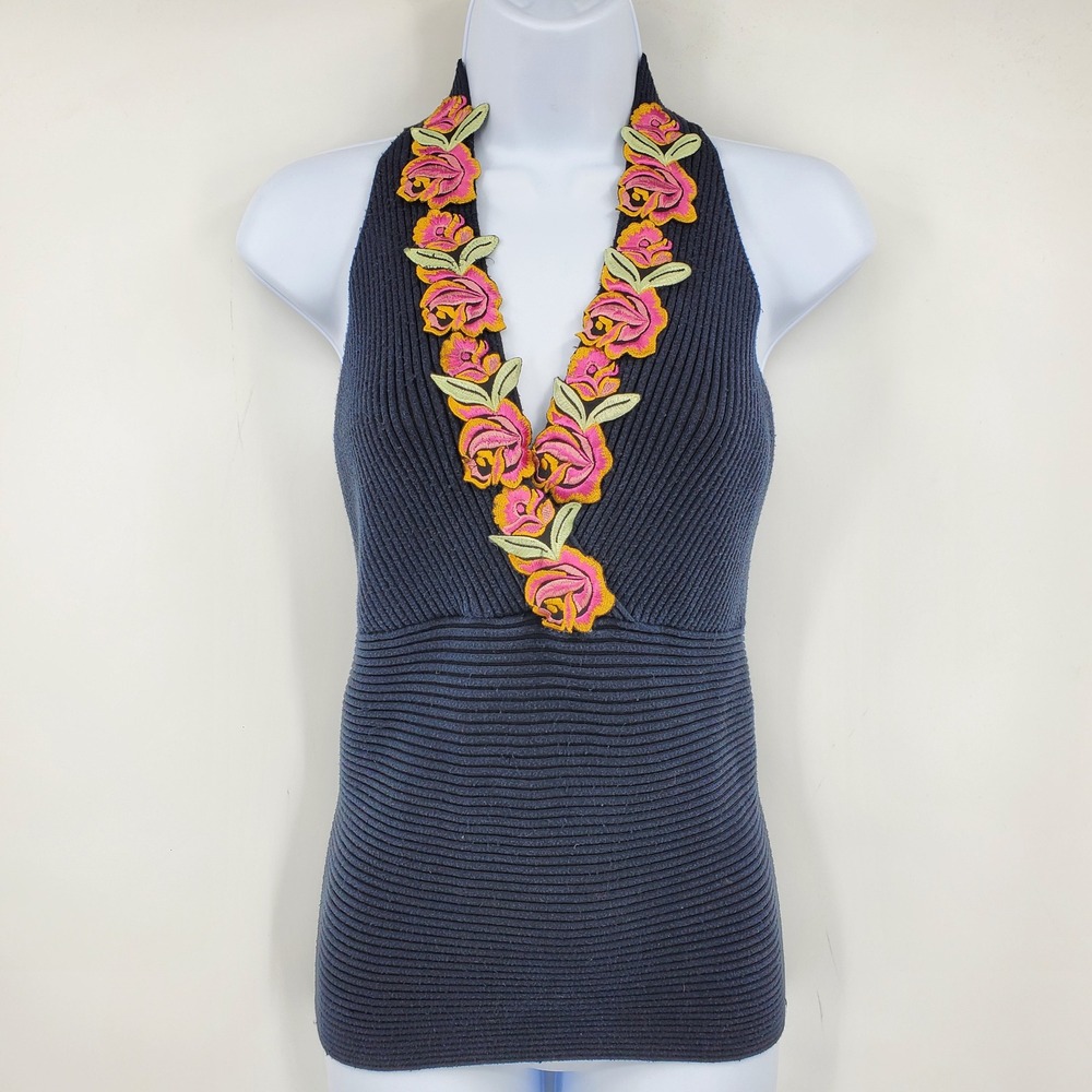 Cache Navy Blue Silk Blend Ribbed Halter Y2K Floral Embroidery V-Neck Large Boho